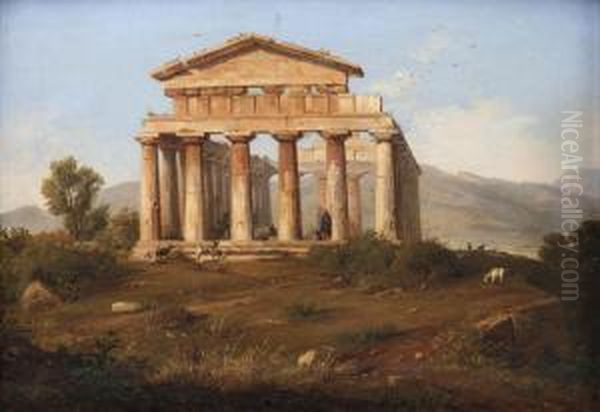 The Temple Of Athena At Paestum Oil Painting by Anthonie Sminck Pitloo