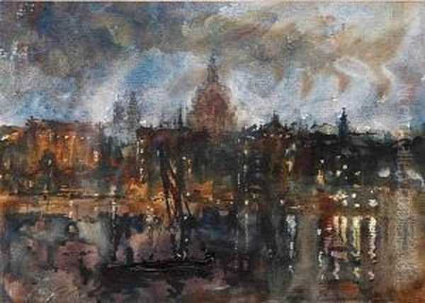 Night At St Pauls From Bankside Oil Painting by J.F. Barry Pittar