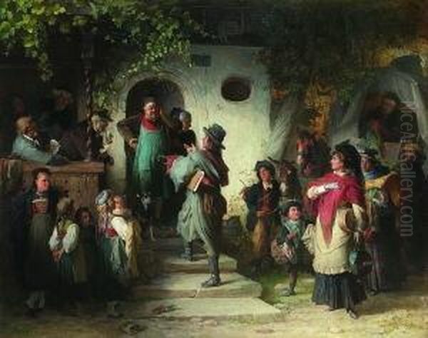 Bedenkliche Ankunft Einer Wandernden Schauspielertruppe Vor Einem Dorfwirtshaus. Oil Painting by Theodor Pixis