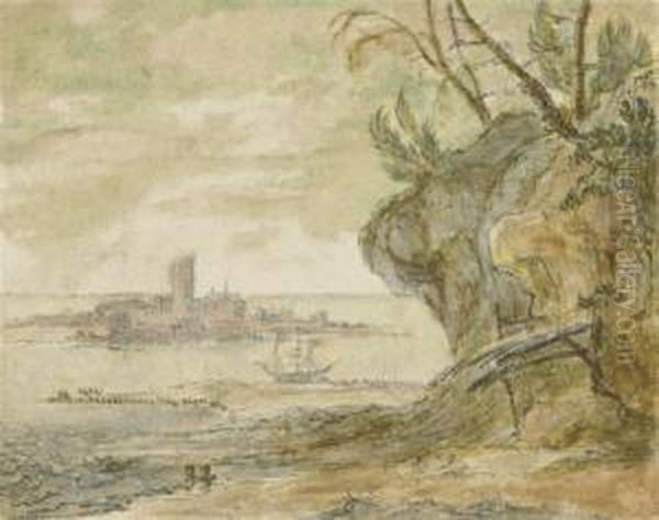 A Three-master At Anchor With An Island Beyond Oil Painting by Francis Place