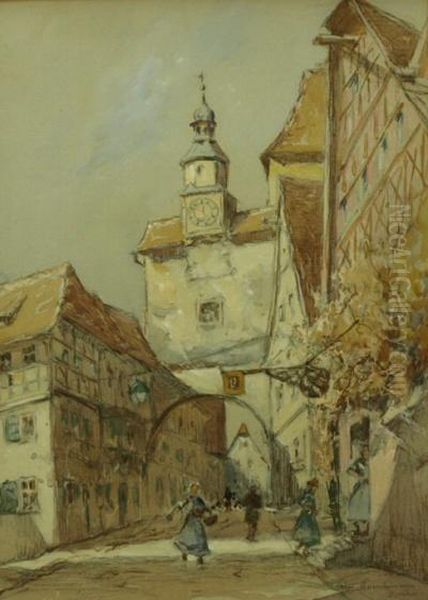 Blick In Die Belebte Altstadt Von Rothenburg In Richtung Markusturm Oil Painting by Rudolf Poeschmann