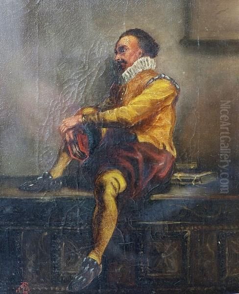 16th Century Gentleman Seated On An Oak Sideboard Oil Painting by Gustave Pope
