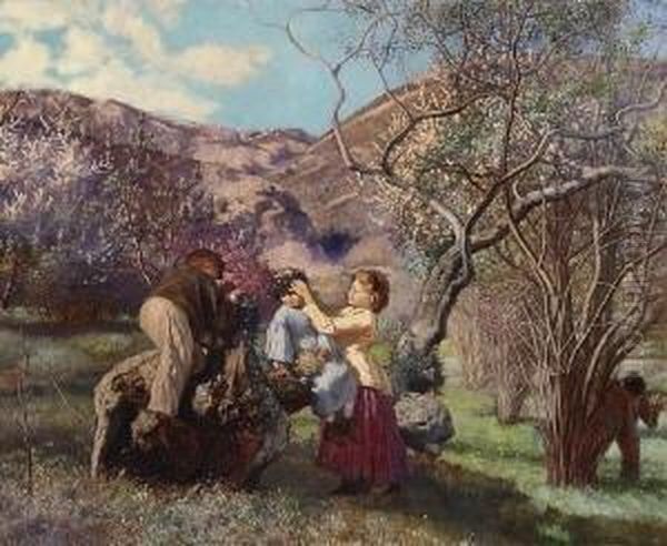 Spielende Kinder In Fruhlingslandschaft. Oil Painting by Andreij Popov