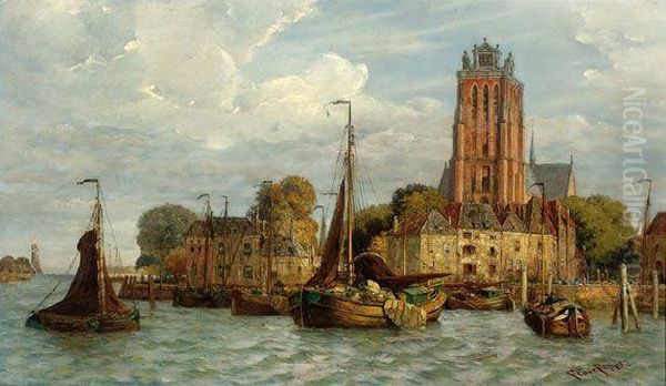 A View Of Dordrecht From The Water With The Grote Kerk In The Background Oil Painting by Fedor Poppe