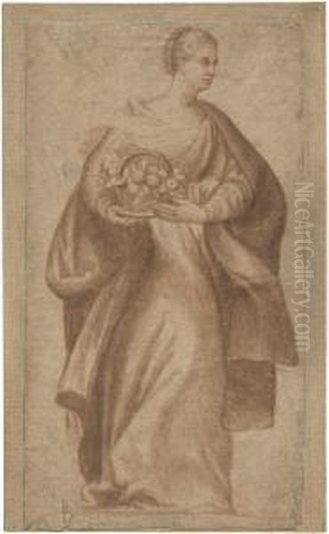 Schreitende Frau Mit Fruchtkorb Oil Painting by (Giovanni Antonio de' Sacchis) Pordenone