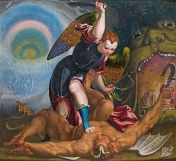 Saint Michel Terrassant Le Dragon Oil Painting by (Giovanni Antonio de' Sacchis) Pordenone
