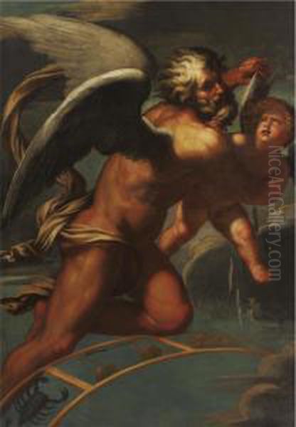 Time Plucking The Wings Of Eros Oil Painting by (Giovanni Antonio de' Sacchis) Pordenone