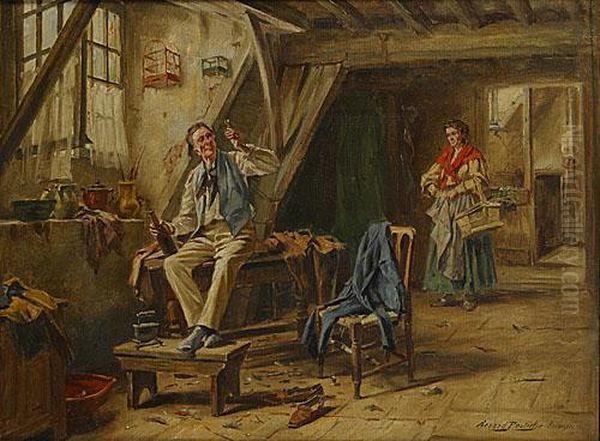 Homme Buvant Et Sa Femme Dans Un Interieur Oil Painting by Gerard Portielje