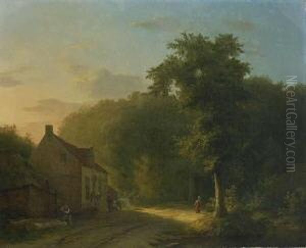 Waldlandschaft Mit Bauernhaus Und Figurenstaffage. Oil Painting by Martinus Pouwelsen