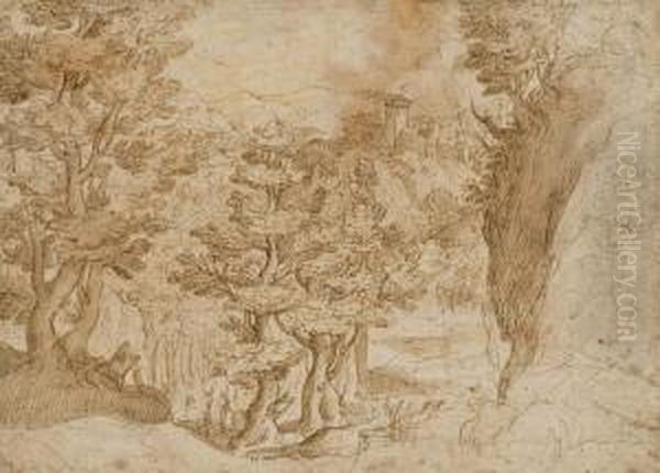 Paysage Arbore Avec Une Ville Fortifiee Sur Une Colline Oil Painting by Ludovico Pozzoserrato