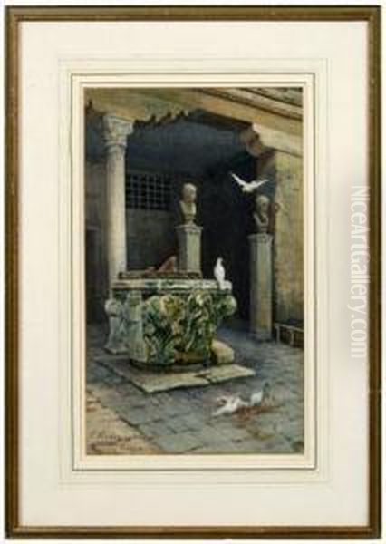 Architectural Elements With Doves AndSculptural Busts Of Two Men Oil Painting by Edith Pradez