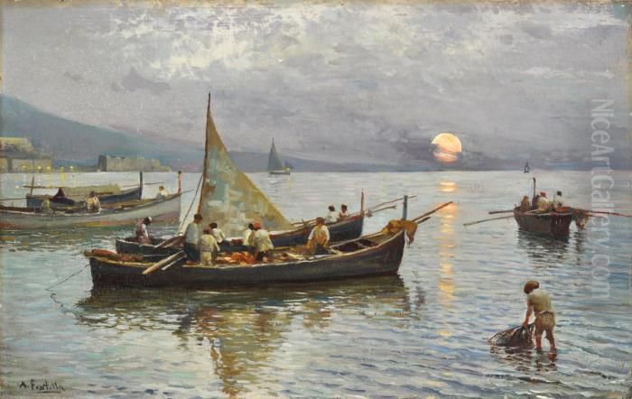 Marina Con Pescatori Oil Painting by Attilio Pratella