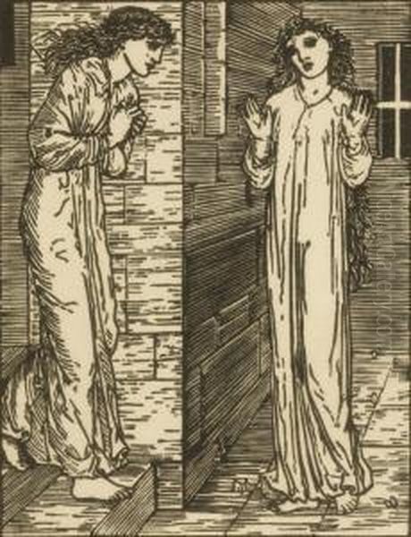 Cupid Going Away Et Meeting At Door Of Two Sisters Oil Painting by School Pre-Raphaelite