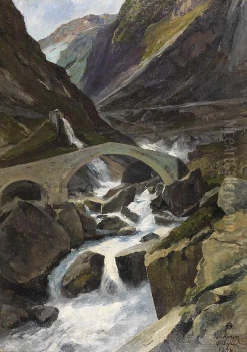 Alte Brucke Auf Dem Gotthard Bei Goschenen (teufelsbrucke) Oil Painting by Friedrich I Preller