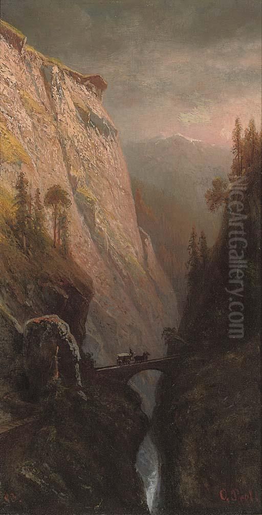 A Carriage Crossing A Gorge On The Via Mala Oil Painting by Otto Press