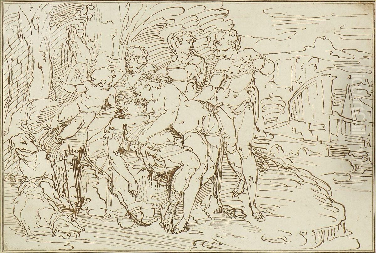 Venus Kusst Den Toten Adonis Oil Painting by Johann E. Gottlieb Prestel