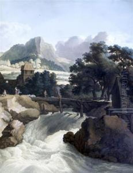Waterfall In A Landscape Oil Painting by Johann E. Gottlieb Prestel