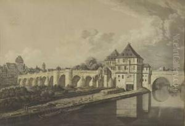 Alte Brucke Zu Frankfurt Am Main Oil Painting by Johann E. Gottlieb Prestel