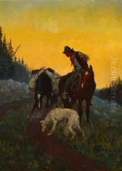 Cowboy On Horseback With Packhorse And Dog Oil Painting by Clayton S. Price