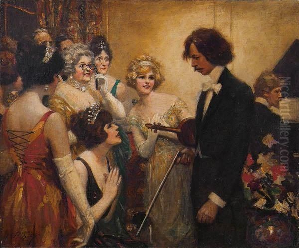 Illustration: Violinist Admired By Women At Party. Oil Painting by Norman Mills Price