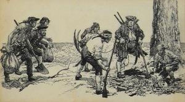 Pirates Discover Skeleton Near Large Tree. Oil Painting by Norman Mills Price