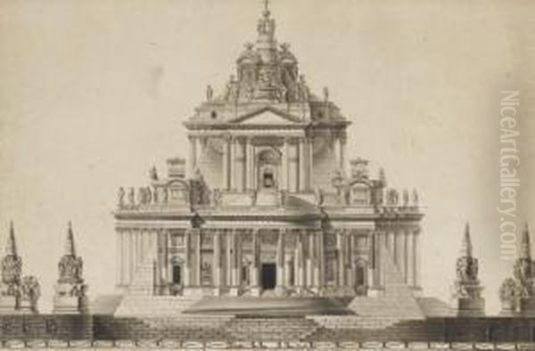 Projet D'une Facade De Chapelle A Trois Etages Avec Colonnes Ioniques Et Corinthiennes Surmontees D'un Fronton, Des Obelisques De Part Et D'autre Oil Painting by Jean Louis Ii Prieur