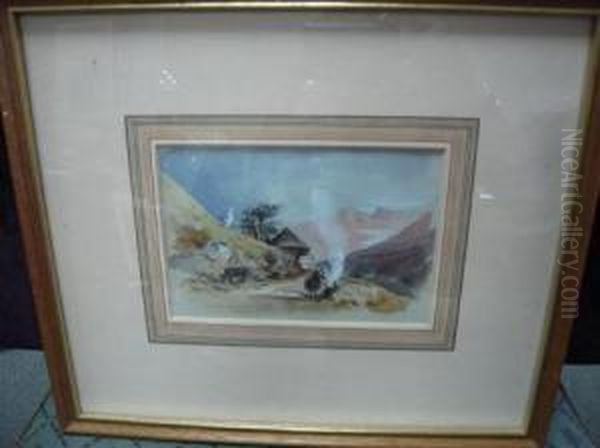 An Alpine Scene With A Peasant And A Donkey By A Fire Oil Painting by Robert Taylor Pritchett