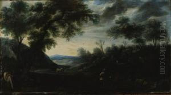 A Wooded Landscape With Figures And A Horse-drawn Carriage On Apath Oil Painting by Carlo Antonio Procaccini