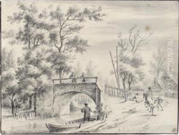 A Stone Bridge Crossing A River, With Two Fishermen To The Left, And A House In The Distance Oil Painting by Cornelis Pronk