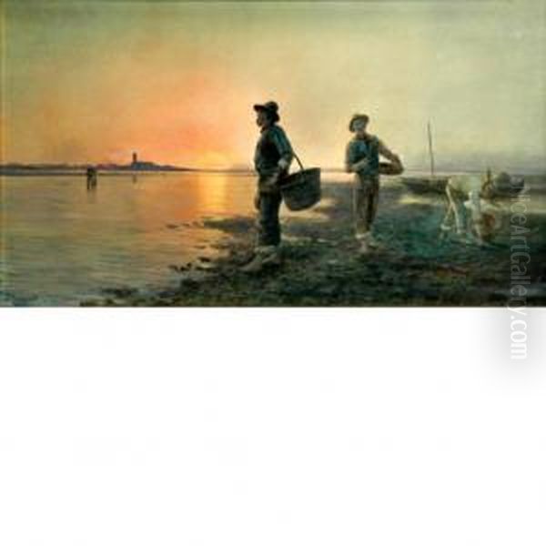 Mussell Gatherers Oil Painting by Alberto Prosdocimi