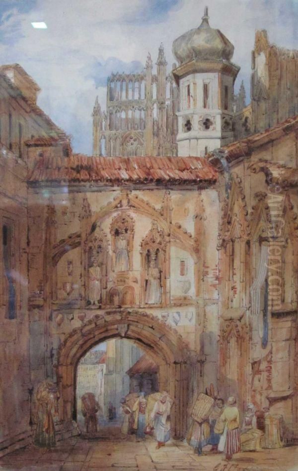 European Street Scene Oil Painting by Samuel Prout