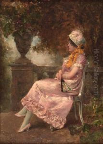 Joven Sentada Con Abanico Oil Painting by Clement Pujol de Gustavino