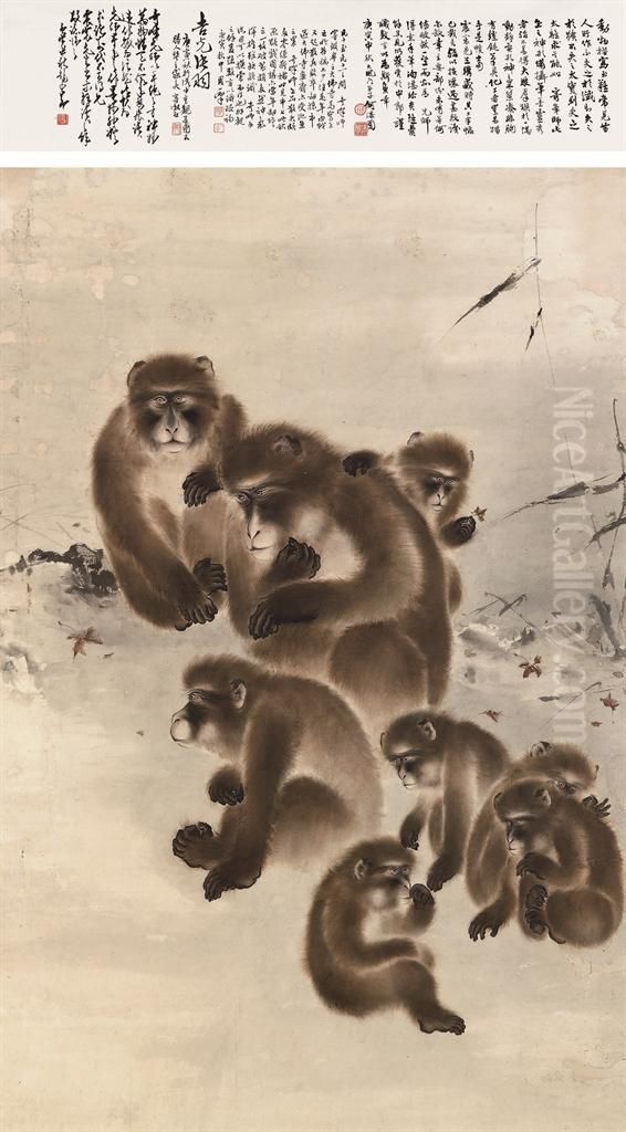 Monkeys In Autumn Oil Painting by Gao Qifeng