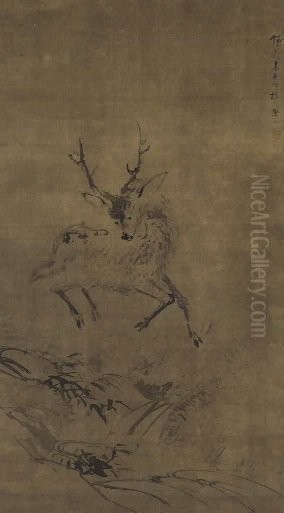 Deer Oil Painting by Gao Qipei