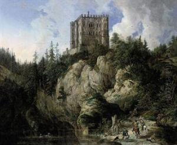 A Hawking Pary In A Rocky Landscape, A Castle Beyond Oil Painting by Domenico II Quaglio