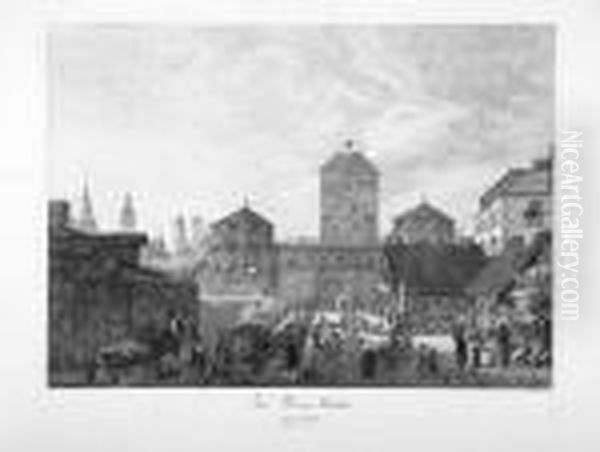 Marktplatz Zu Munchen - Isarthor Zu Munchen, Erbaut Um Oil Painting by Domenico II Quaglio