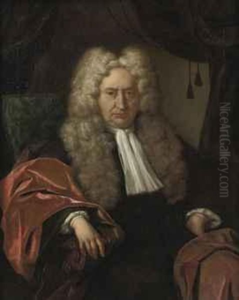 Portrait Of A Gentleman, Three-quarter-length, In A Black Costumeand A Red Velvet Cloak, Seated In A Chair Oil Painting by Jan Maurits Quinkhard