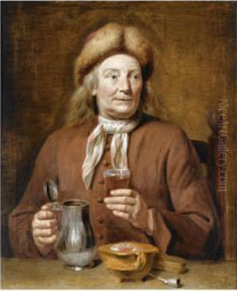 A Man Sitting At A Table Holding A Glass Of Beer Oil Painting by Jan Maurits Quinkhard