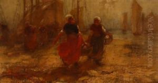 Breton Fisher Folk Unloading The Catch Oil Painting by James Peter Quinn