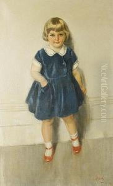 Portrait Of A Little Girl, Full Length, Wearing A Blue Dress And Red Shoes Oil Painting by James Peter Quinn