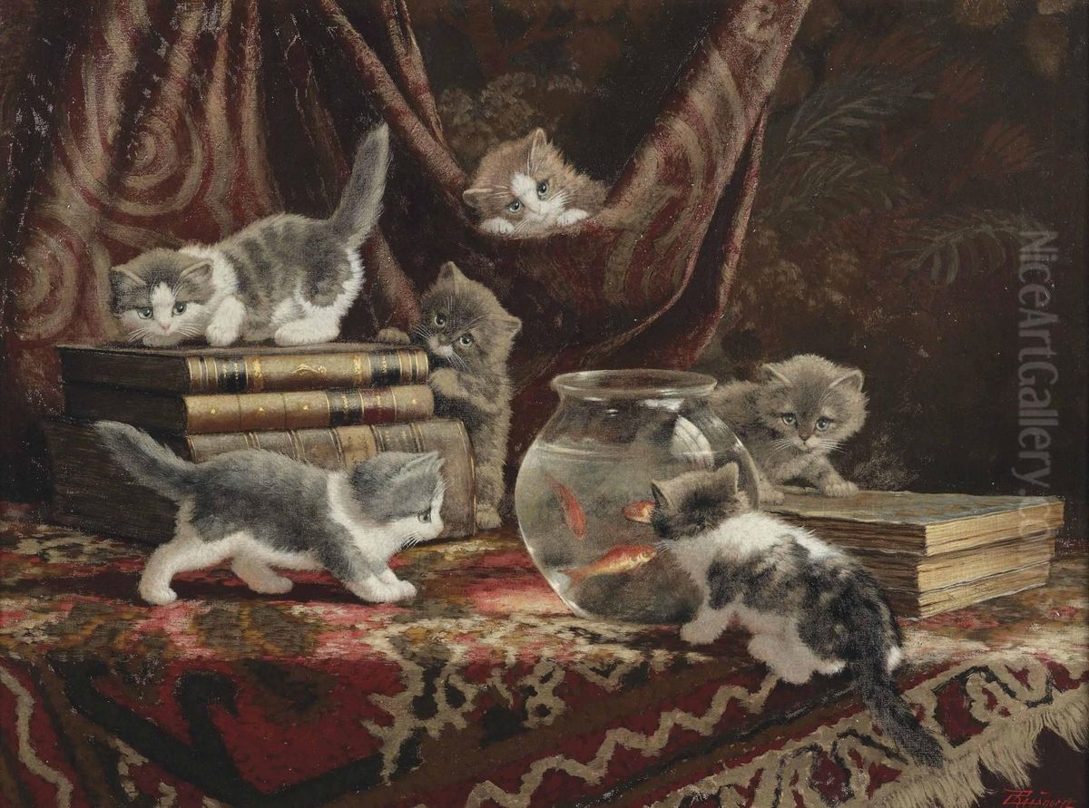 Kittens With Books And A Fish Bowl Oil Painting by Cornelis Raaphorst