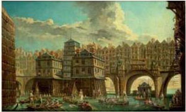 La Joute Des Mariniers Entre Le Pont Notre-dame Et Le Pont Au Change Oil Painting by Nicolas Raguenet
