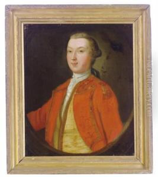 Portrait Of An Officer, Three-quarter Length In A Red Tunic, In Apainted Oval Oil Painting by Allan Ramsay