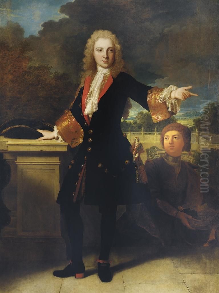 Portrait D'un Jeune Homme Sur Une Terrasse Accompagne D'unpage Oil Painting by Jean Ranc