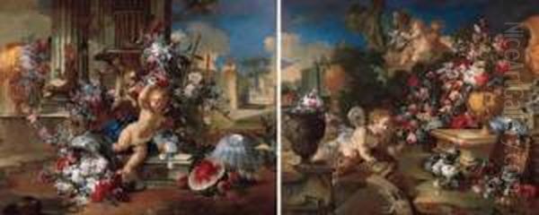 A Putto Seated On A Pedestal At The Foot Of Columns By A Sculpted Urn Decorated With A Garland Of Flowers; And A Putto Seated By A Fountain With Bouquets Of Flowers In Sculpted Vases And Classical Ruins Decorated With Garlands Of Flowers, In Classical Gar Oil Painting by Vittorio Amedeo Rapous