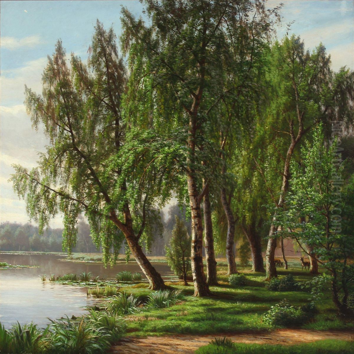 Forrest With A Lake And Dears Oil Painting by Eiler Rasmussen-Eilersen