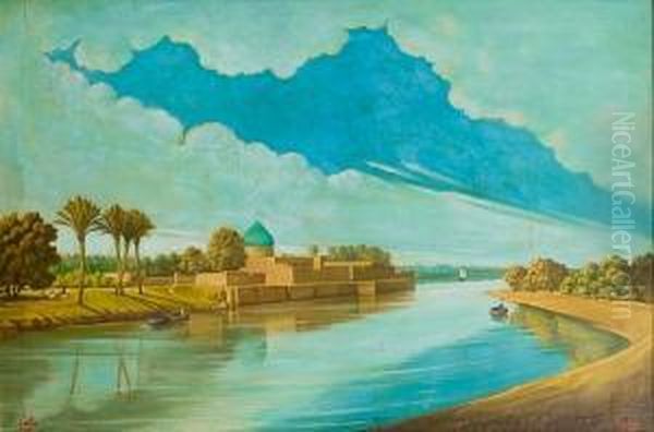 River Scene On The Banks Of The Tigris Oil Painting by Abdul Qadir Rassam