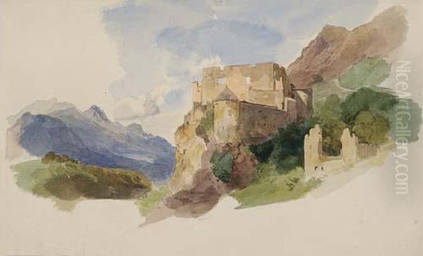 A Mountain Landscape With A Ruin Of A Castle Oil Painting by Heinrich Woldemar Rau