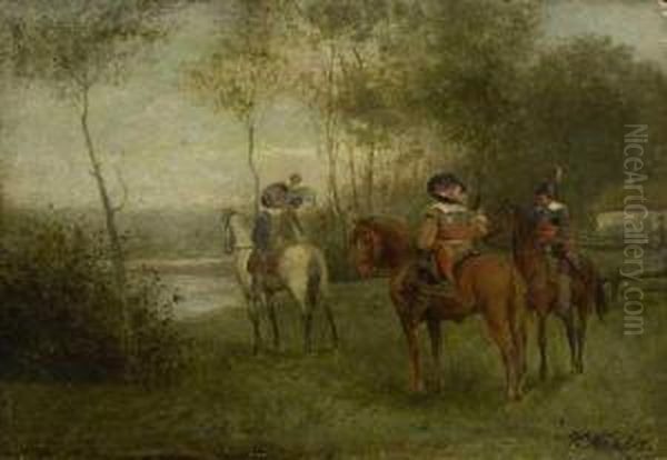 Drei Berittene Landsknechte Am Flussufer. Oil Painting by Wilhelm Carl Rauber