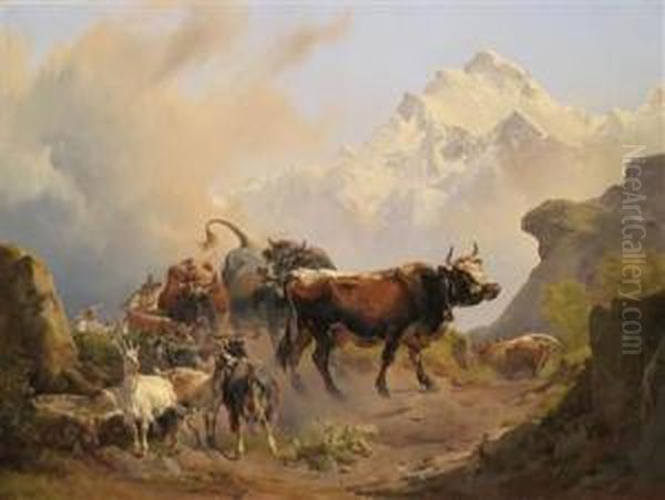 Bringing The Livestock Down From The High Alpine Summer Pastures Oil Painting by Johann Nepomuk Rauch